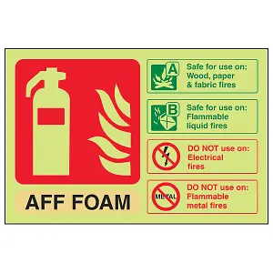 AFF FOAM Fire Extinguisher Safety Sign - Glow in Dark - 200x150mm (x3)