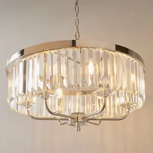 Bright Nickel Ceiling Chandelier Light - Clear Cut Glass 6 Bulb Pendant Fitting