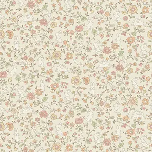 Grandeco Liberty Floral Bunny Trail Nursery Textured Wallpaper Natural Beige