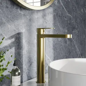 Round Tall Mono Basin Mixer Tap - Brushed Brass