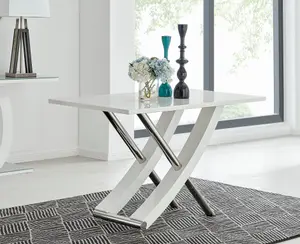 Furniturebox UK Mayfair 4 White High Gloss And Stainless Steel Dining Table And 4 Grey Velvet Milan Chairs