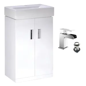 450mm Gloss White 2 Door Floorstanding Vanity Basin Sink Unit & Chrome Waterfall Tap & Waste