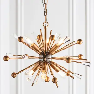 Aged Brass & Black Nickel Ceiling Pendant Light - Clear Crystals - 6 Bulb Lamp