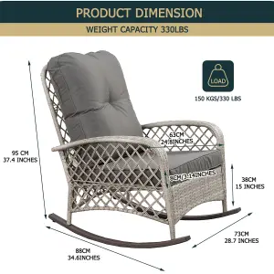 Patio Rattan Rocking Chair, Relaxer Wicker Rocker Armchair with Soft Cushion, All-Weather Steel Frame - Gray