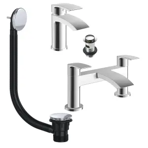 Chrome Waterfall Sleek Basin & Bath Filler Tap Pack Including Bath Waste