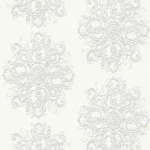 Galerie Elle Decoration Cream Light Silver Baroque Damask Embossed Wallpaper