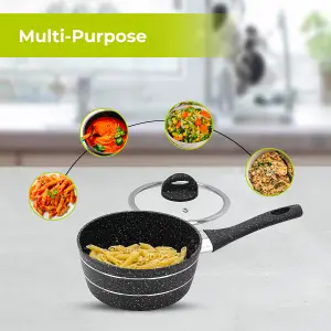 Royalford 20Cm Saucepan, Induction Safe Cookware, Non-Stick Granite Coating, Aluminium Multipurpose Sauce Pot, Black