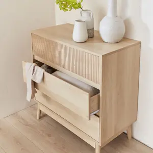 sweeek. 3-drawer chest with grooved wooden detail Linear Light wood colour 80x40x80 cm