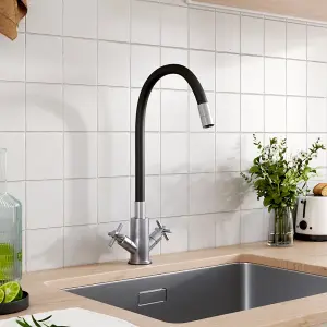 G1/2 Flexible Silicone Dual-Handle Kitchen Faucet Mixer Tap Pull-down Sprayer Black Faucet