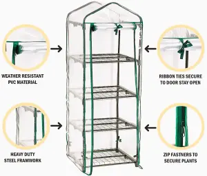 4 Tier Mini Greenhouse Compact Double Zip Sturdy Steel Frame Transparent Plastic PVC Cover Indoor Outdoor Garden 69 x 49 x 160cm