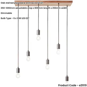 Hanging Ceiling Pendant Light - Oak Stained Plywood & Anthracite Finish - 6 X 10W LED E27