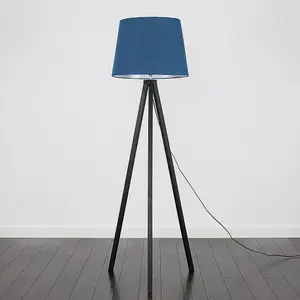 ValueLights Modern Black Wood Tripod Design Floor Lamp With Navy Blue Shade