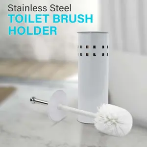 STAINLESS STEEL BATHROOM TOILET CLEANING BRUSH & HOLDER FREE STANDING SET WHITE