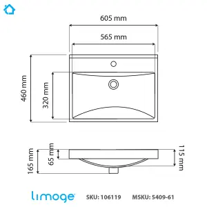 5409 Ceramic 60cm x 45cm Thick-Edge Inset Basin with Scooped Full Bowl