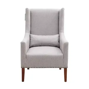 Grey Nailhead Wide Linen Wing Back Chair Armchair with Cushion