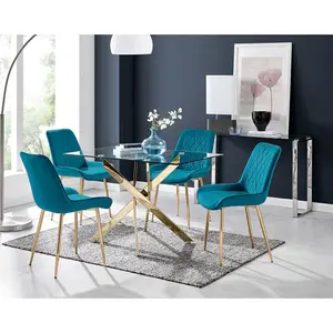 Lenworth Glass Rectangular Dining Table Set with 4 Luxury Velvet Chairs Blue/Gold / Gold