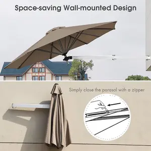 Costway Wall-Mounted Umbrella Water-proof Cantilever Parasols Tilting Sunshade Umbrella w/ Adjustable Pole