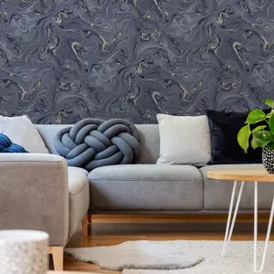 Fresco Liquid Marble Navy & Gold Wallpaper