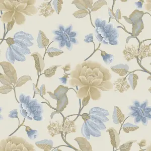 Grandeco Celica Camellia Bloom Floral Trail Textured Wallpaper, China Blue