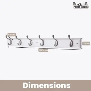 keypak 6-Hook Wall-Mounted Coat Rack, 68cm - White Wooden Board, Satin Nickel Coat Hooks - Fixings Included