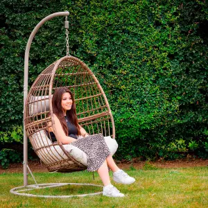 Dellonda Rattan Outdoor Garden Hanging Swing Egg Chair & Cushions, Steel Frame