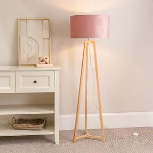 ValueLights Lottie Natural Wood Tripod Floor Lamp with Blush Pink Velvet Drum Shade