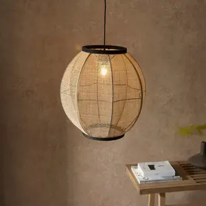 Luminosa Zaire Single Pendant Ceiling Lamp, Natural Linen, Matt Black