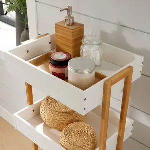 Home Source Oxford Bamboo 4 Tier White Utility Trolley Kitchen Bathroom Organiser Unit