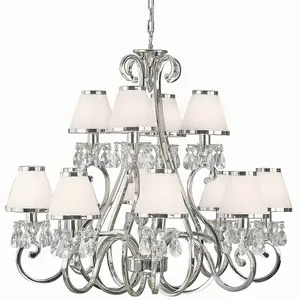 Esher Ceiling Pendant Chandelier Nickel Crystal & White Shades 12 Lamp Light