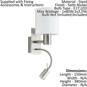 Wall Light Colour Satin Nickel Shade White Fabric Bulb E27 LED 1x40W 1x3.5W