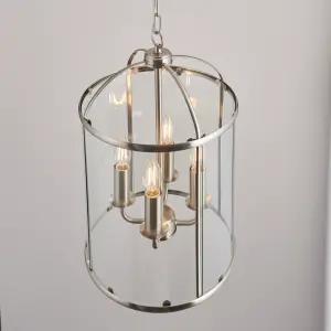 Anson Lighting Powell 4lt Pendant light finished in Satin nickel plate and clear glass