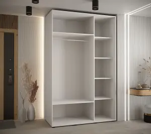 Cannes IV Modern White Sliding Door Wardrobe 1500mm H2050mm D600mm with Black Steel Handles and Decorative Strips