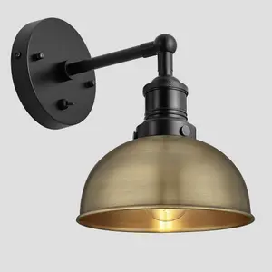 Industville Brooklyn Dome Wall Light, 8 Inch, Brass, Black Holder