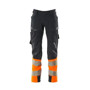 Mascot Accelerate Safe Ultimate Stretch Trousers with Thigh Pockets - Dark Navy/Hi-Vis Orange   (33.5) (Leg Length - Short)