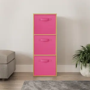 URBNLIVING 80cm Height 3 Cube Beech Wooden Shelves Cubes Cupboard Storage Units With Dark Pink Drawer Insert