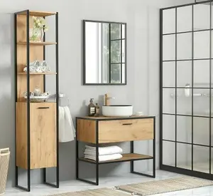 Bathroom Furniture Set with 900 Vanity Unit Tall Cabinet Black Steel Oak Finish Freestanding Loft Industrial Brook