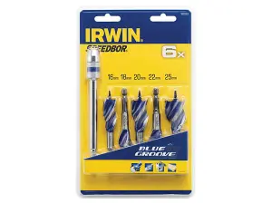 IRWIN Blue Groove 6X Stubby Wood Bit Set, 5 Piece: 16-25mm + Extension