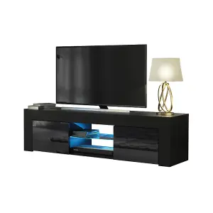 TV Unit 130cm Sideboard Cabinet Cupboard TV Stand Living Room High Gloss Doors - Black