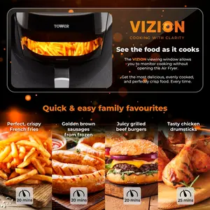 Tower T17071 7L Vortx Vizion Manual Air fryer with Viewing window, Rapid air circulation technology for faster, healthier cooking , 1800w, Black