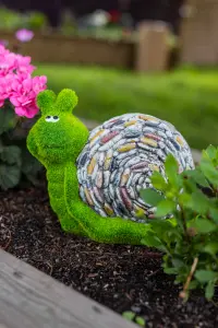 Flocked Moss Snail Garden Ornament with Stones