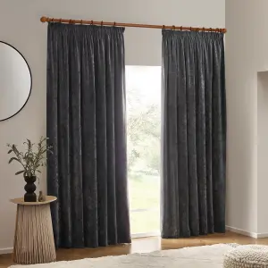 Yard Heavy Chenille Velvet Charcoal Pencil Pleat Curtains, 117 x 183cm