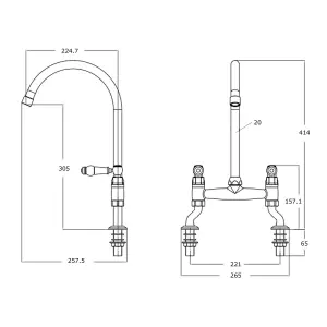 Liquida W23BG Traditional Two Hole Bridge Lever Brushed Gold Kitchen Mixer Tap