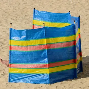 7 Pole Windbreak Wooden Multicolor Blue Stripe Tall Windbreaker Folding Garden Camping Beach Picnic Holiday Privacy Sun Screen