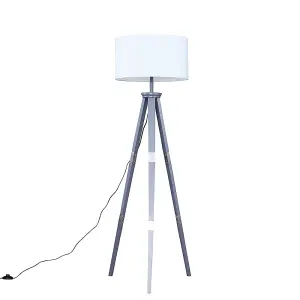 ValueLights Willow Large Grey Wood & Metal Tripod Design Floor Lamp with White Shade Complete with 6w LED GLS Bulb In Warm White