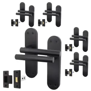 AFIT Matt Black Door Handle Latch Set - 5 Pairs of Internal Lever Latch T-Bar Handles on Backplate & Latches (64mm) - Olvera Range