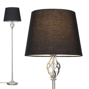 ValueLights Memphis Traditional Style Satin Nickel Barley Twist Floor Lamp with Black Tapered Light Shade