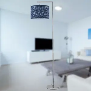 First Choice Lighting Chrome Angled Floor Lamp with Navy Blue Laser Cut Shade