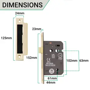 EAI Sashlock 65mm / 44mm Backset PVD BRASS 3 lever for Internal Wooden Door 2 Keys CE UKCA & Fire Door Approved Anti Rattle Keep