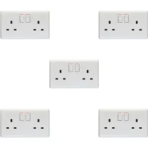 5 PACK 2 Gang Double Pole 13A Switched UK Plug Socket - WHITE Wall Power Outlet