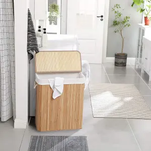 SONGMICS Laundry Basket with Lid, Laundry Basket with Removable Bag, with Clip and Handles, Foldable Laundry Basket, Wood Color